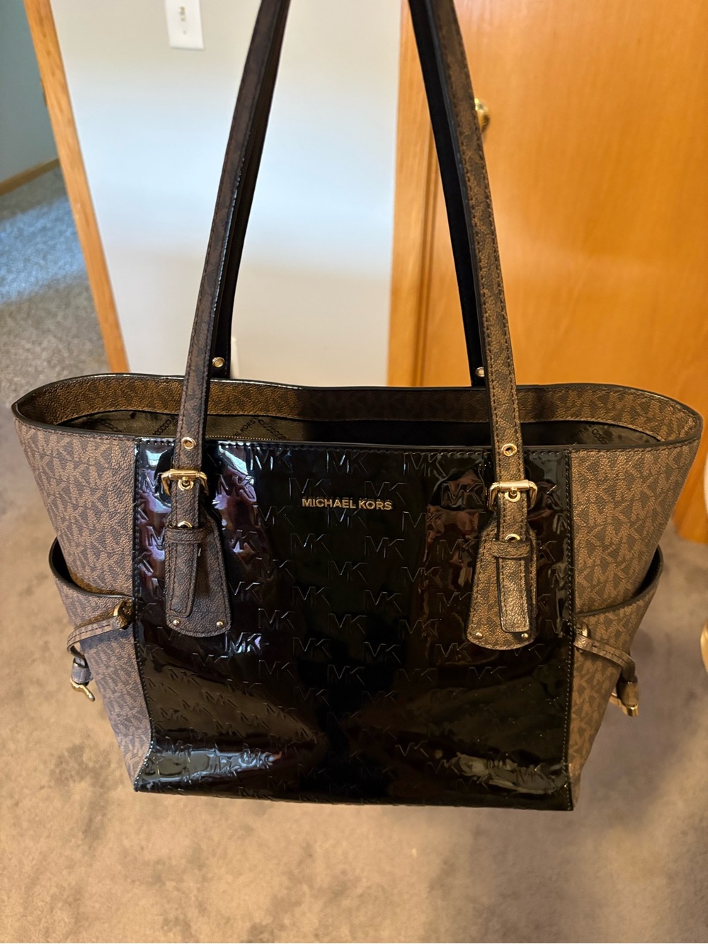 Michael Kors Brown Monogram Tote with Black Patent Front
